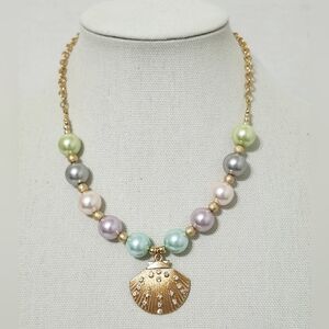 Glass Multicolor Faux Pearl Necklace Shell Rhinestone Beach Ocean Vacay New